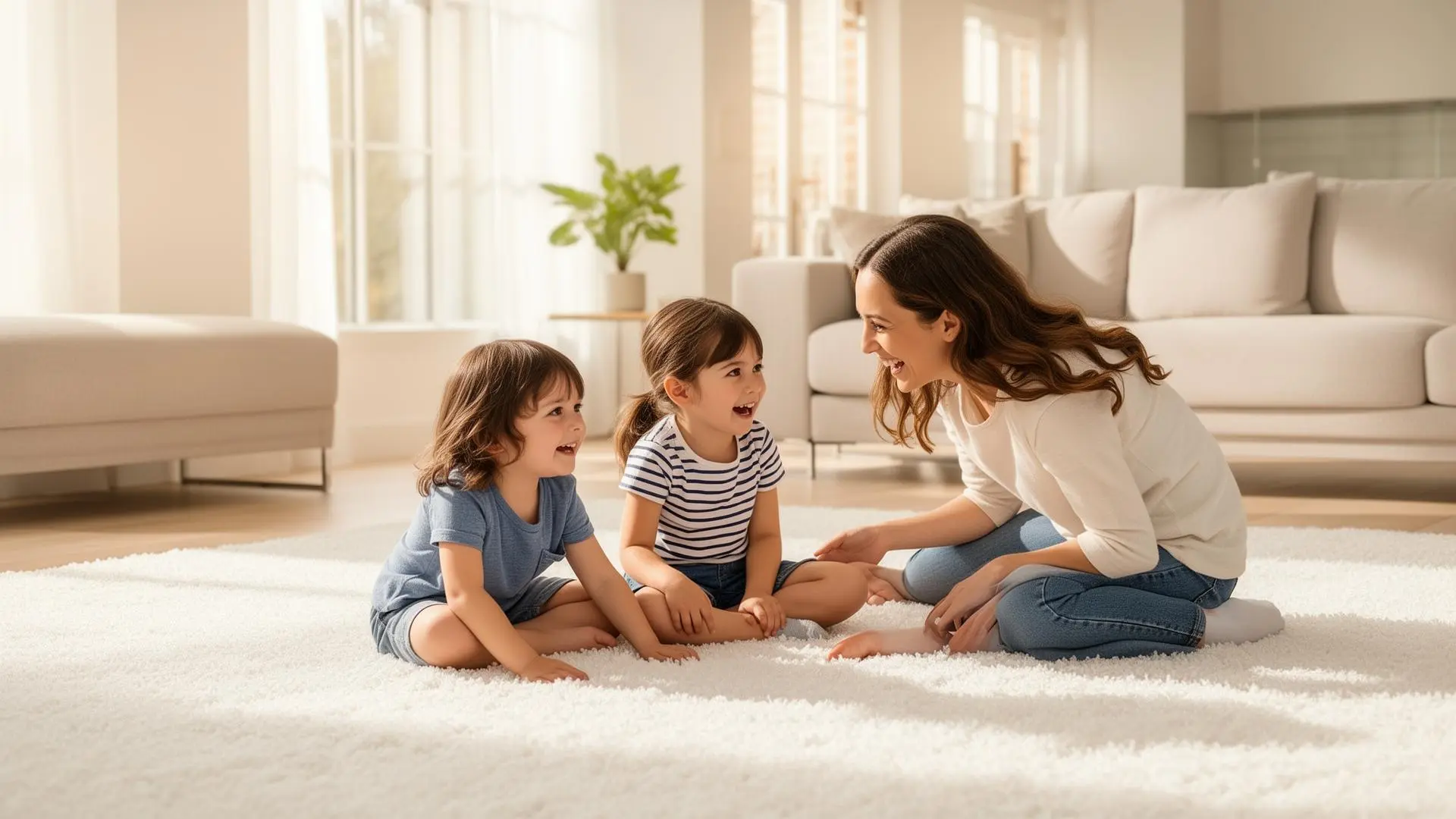 Happy family on clean carpet