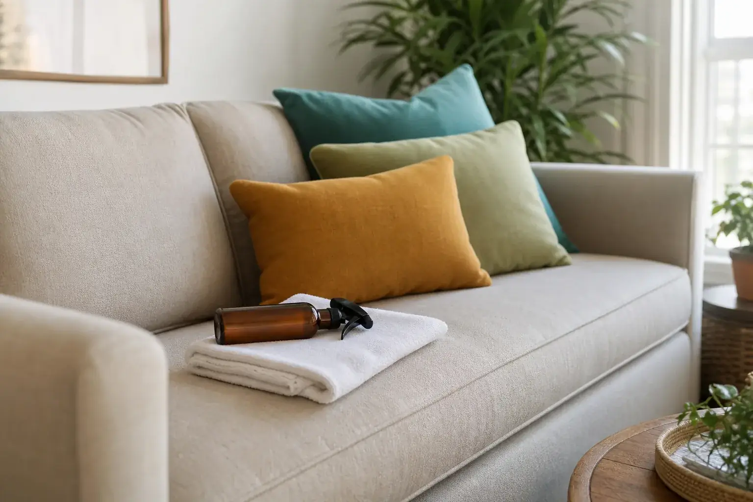Modern fabric sofa with a microfiber cloth and spray bottle mid spot-treatment in a bright living room