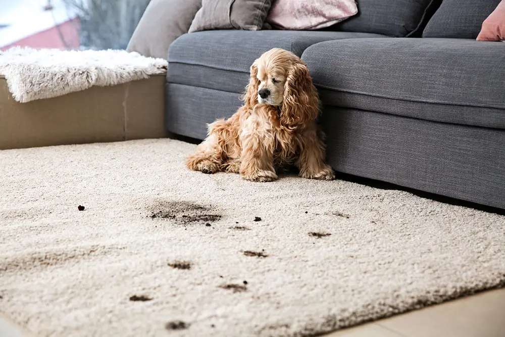 dog with muddy paws on the new carpet
